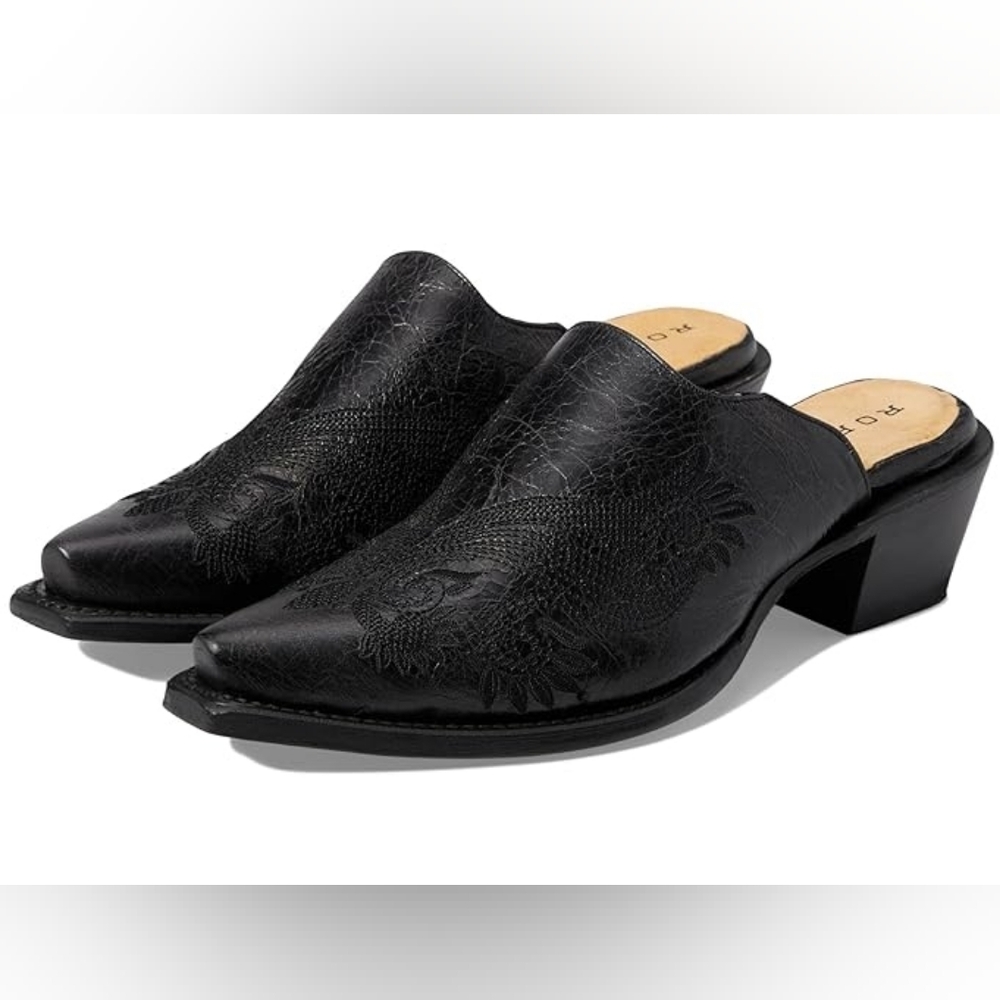 NWT Roper Womens Mary Mule Western Shoes 6.5 Black Slip On Snip Toe Leather